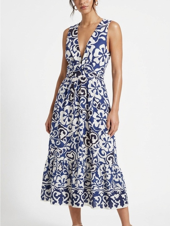 Zara Dresses & Skirts - ZARA Blue & Black Floral Midi Maxi Dress w Cut-out Open Back